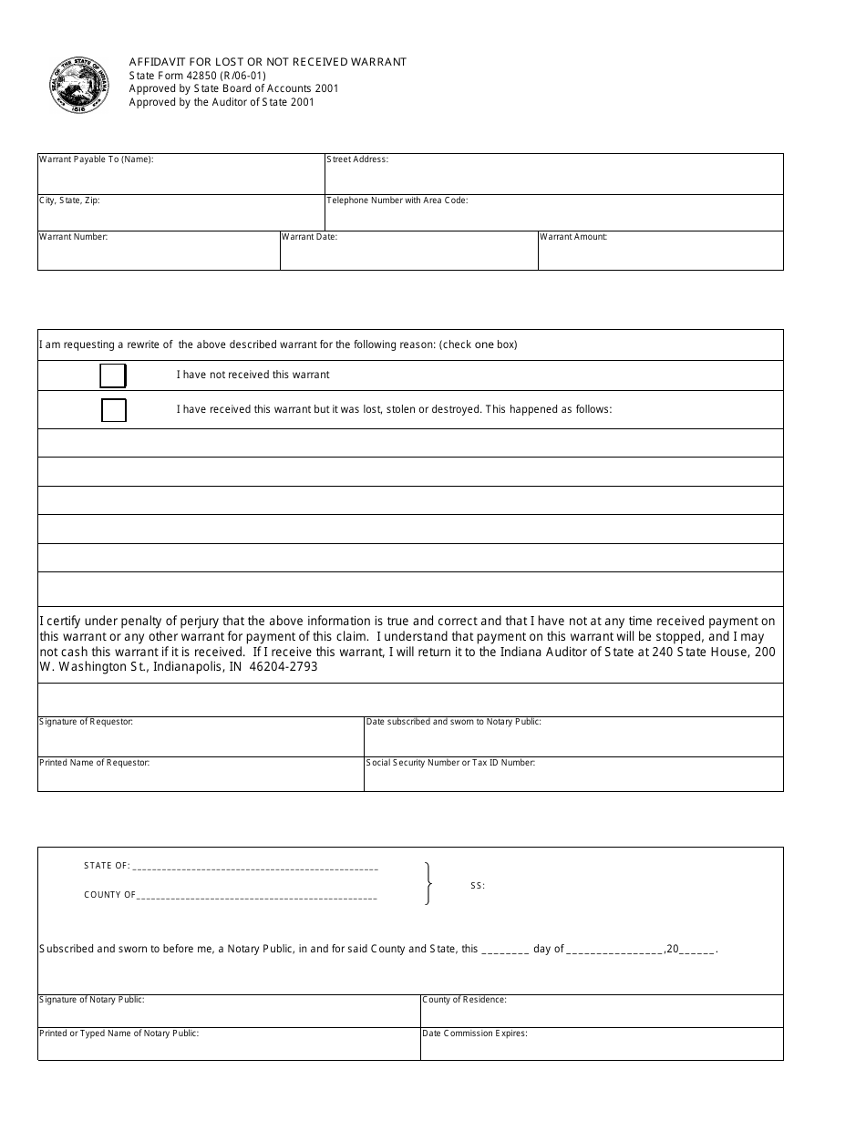 State Form 42850 Affidavit for Lost or Not Received Warrant - Indiana, Page 1