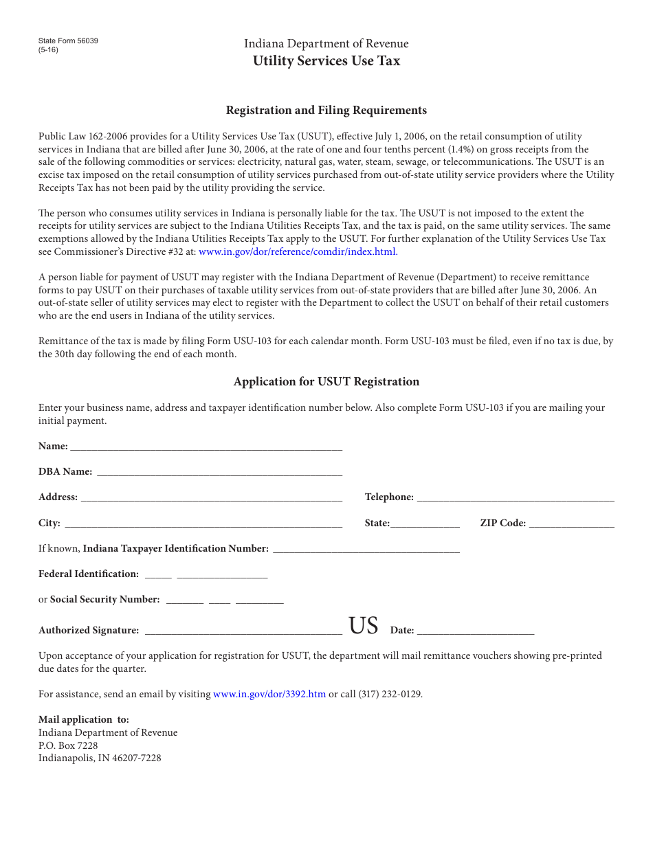 State Form 56039 Utility Services Use Tax (Usut) Registration Application - Indiana, Page 1