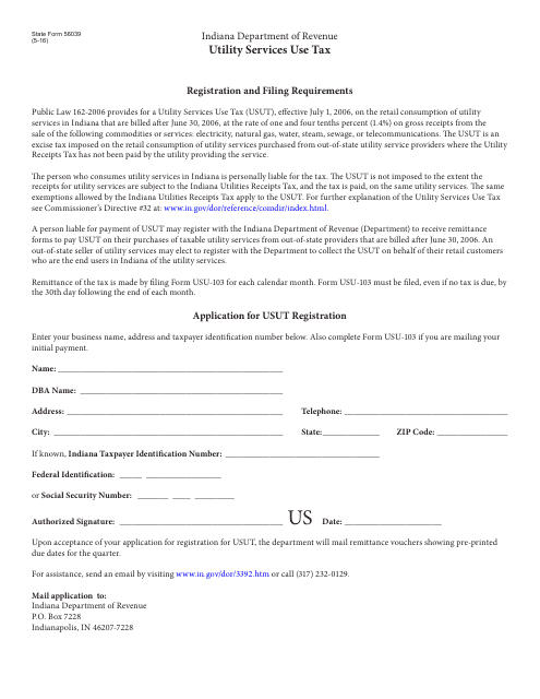 State Form 56039 Utility Services Use Tax (Usut) Registration Application - Indiana