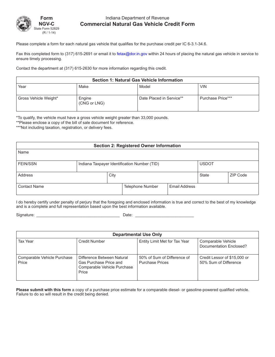 State Form 52829 (NGV-C) Commercial Natural Gas Vehicle Credit Form - Indiana, Page 1