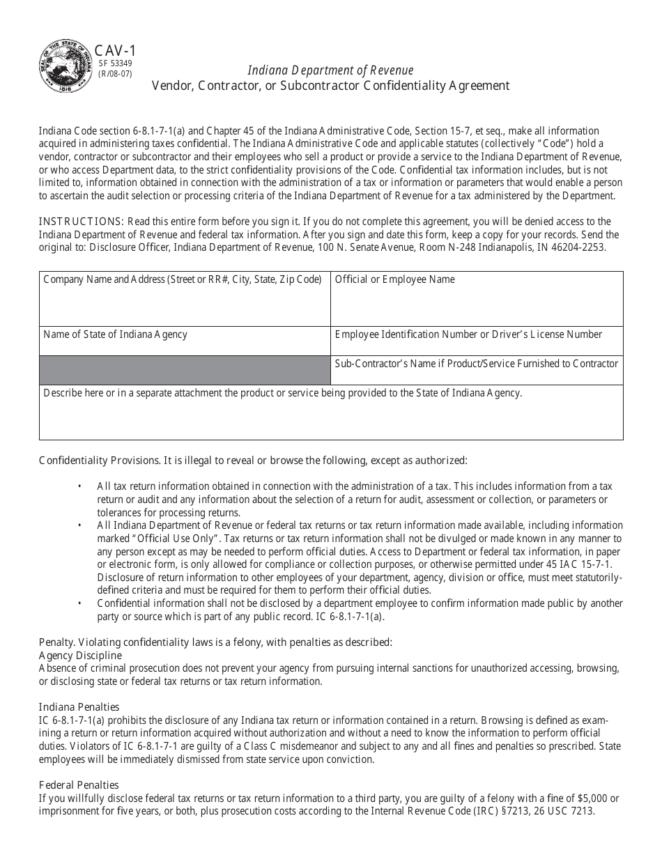 State Form 53349 (CAV-1) Vendor, Contractor, or Subcontractor Confidentiality Agreement - Indiana, Page 1