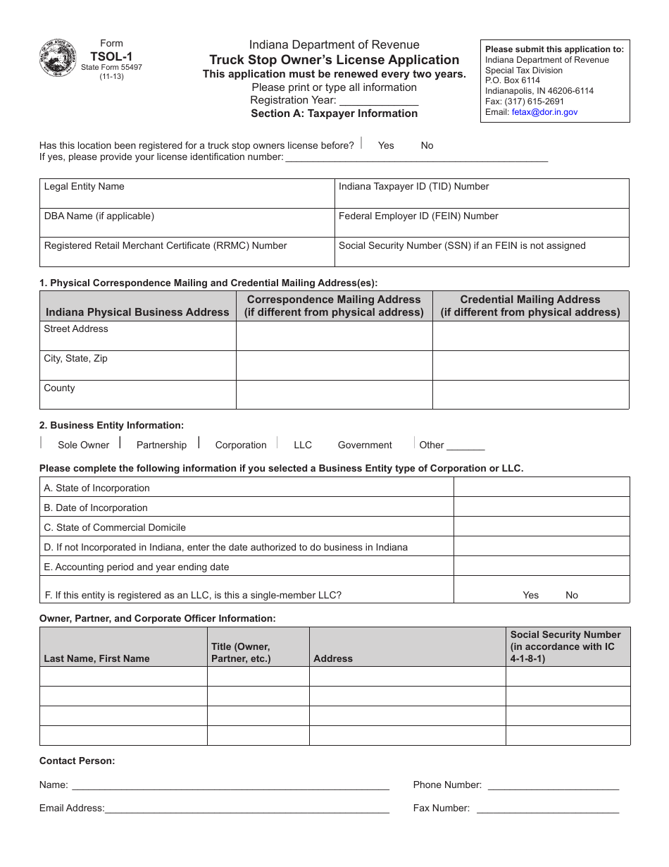 State Form 55497 (TSOL-1) Truck Stop Owners License Application - Indiana, Page 1