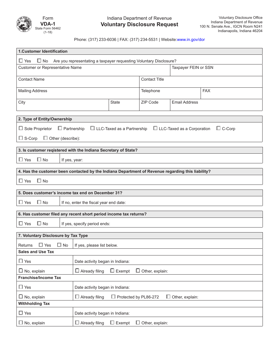 State Form 56462 (VDA-1) Voluntary Disclosure Request - Indiana, Page 1