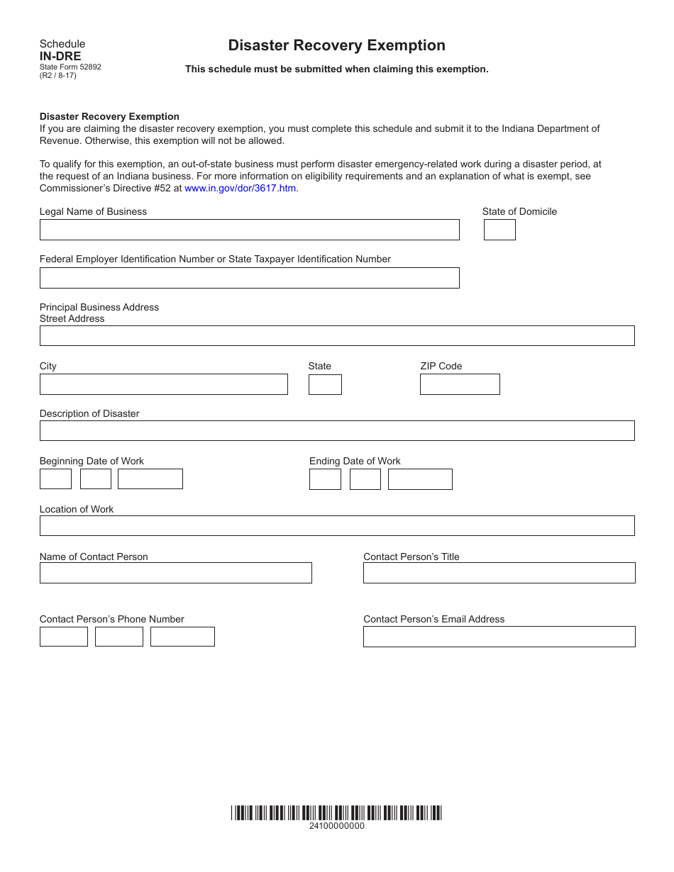 State Form 52892 Schedule IN-DRE Disaster Recovery Exemption - Indiana, Page 1