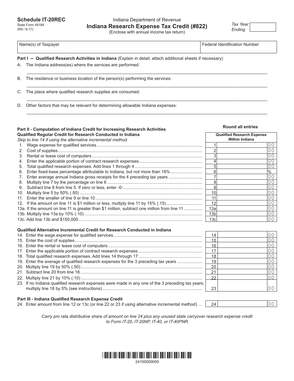 State Form 49184 Schedule IT-20REC Indiana Research Expense Tax Credit (#822) - Indiana, Page 1