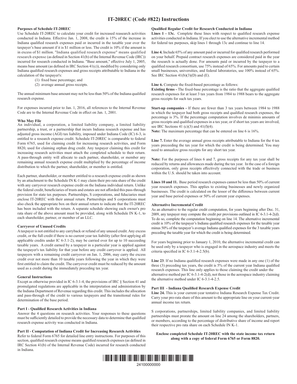 State Form 49184 Schedule IT-20REC Indiana Research Expense Tax Credit (#822) - Indiana, Page 2
