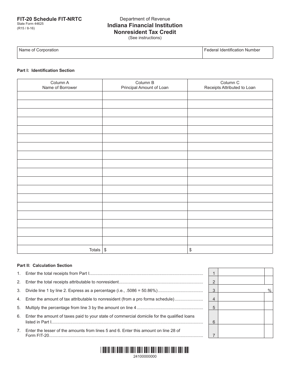 Form FIT-20 Schedule FIT-NRTC Indiana Financial Institution Nonresident Tax Credit - Indiana, Page 1