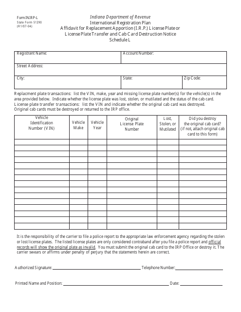 State Form 51290 (INIRP-L) Schedule L  Printable Pdf