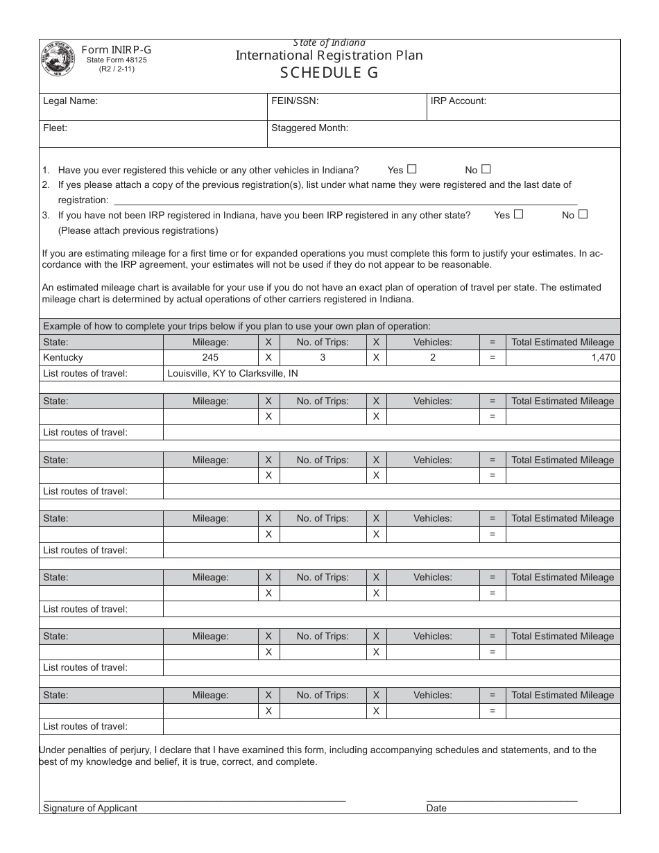 State Form 48125 (INIRP-G) Schedule G International Registration Plan Estimated Miles and First Year Applicants - Indiana, Page 1