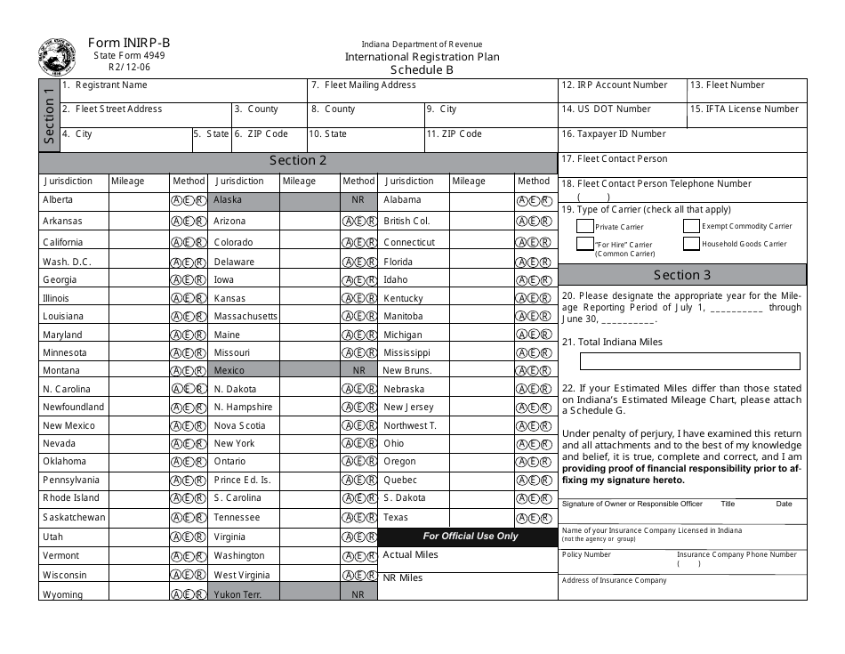 State Form 4949 (INIRP-B) Schedule B International Registration Plan - Indiana, Page 1