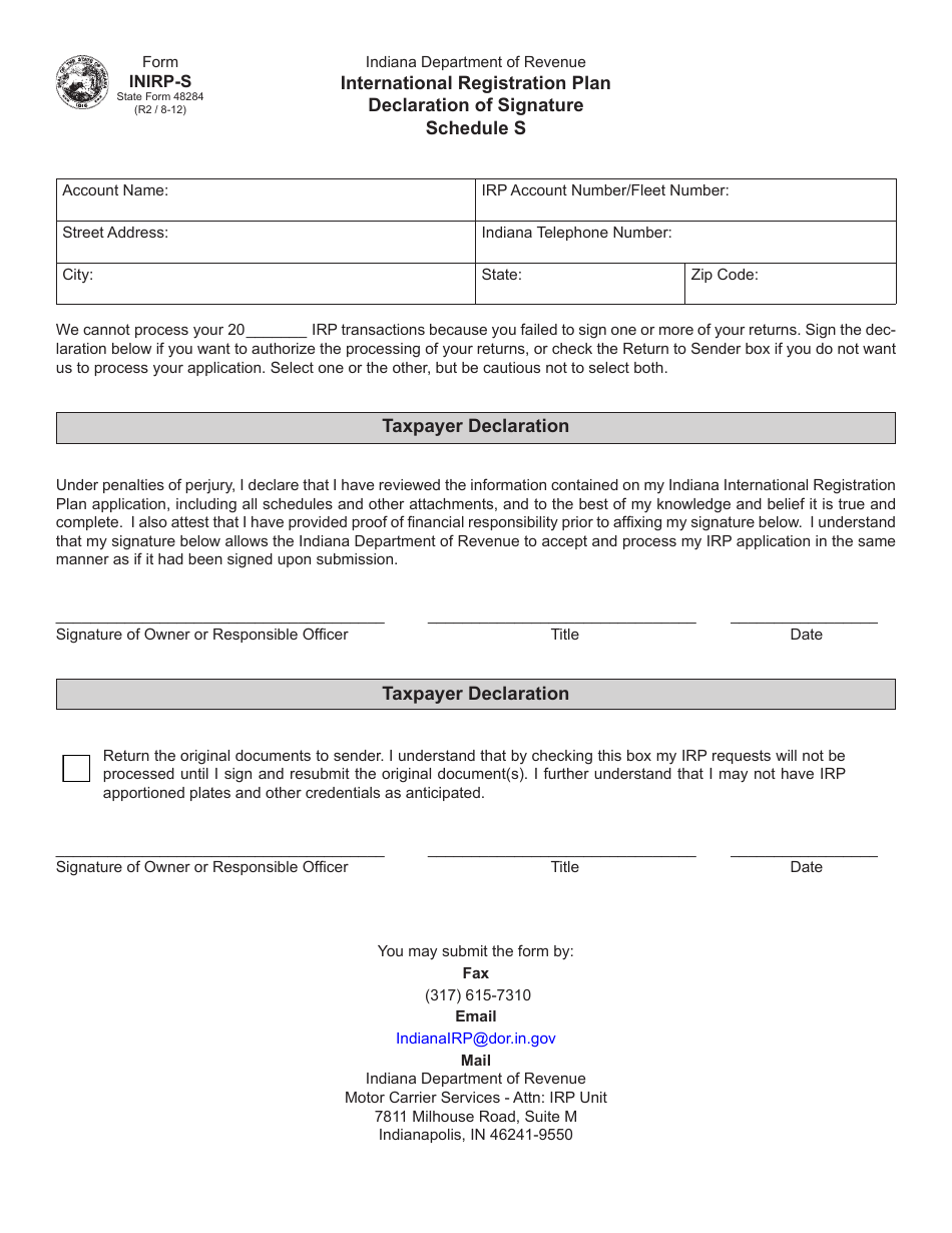 State Form 48284 (INIRP-S) Schedule S International Registration Plan Declaration of Signature - Indiana, Page 1