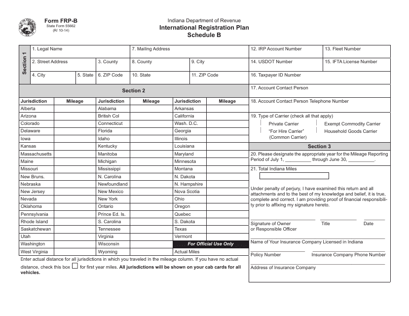 State Form 55662 (FRP-B) Schedule B  Printable Pdf