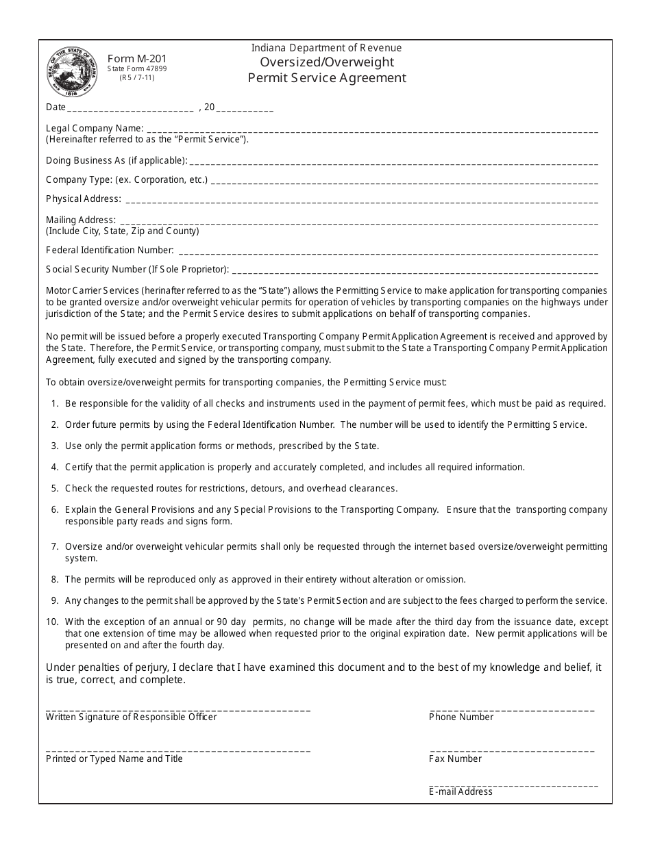 State Form 47899 (M-201) Oversized / Overweight Permit Service Agreement - Indiana, Page 1