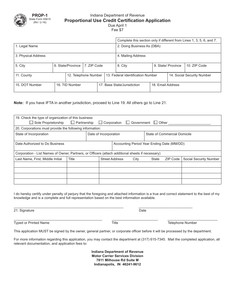 State Form 55615 (PROP-1) Proportional Use Credit Certification Application - Indiana, Page 1