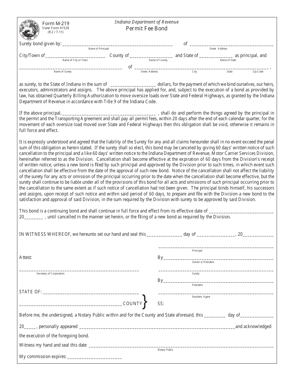 State Form 41528 (M-219) Permit Fee Bond - Indiana, Page 1