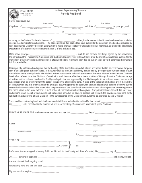 State Form 41528 (M-219) Permit Fee Bond - Indiana