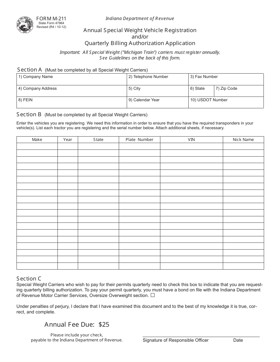 State Form 47864 (M-211) Annual Special Weight Vehicle Registration and / or Quarterly Billing Authorization Application - Indiana, Page 2