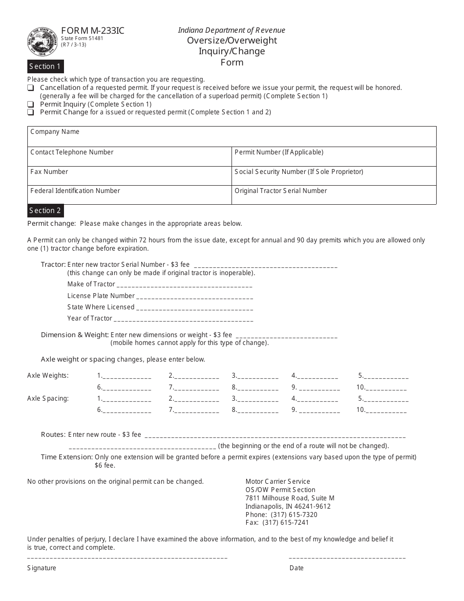 State Form 51481 (M-233IC) Oversize / Overweight Inquiry / Change Form - Indiana, Page 1
