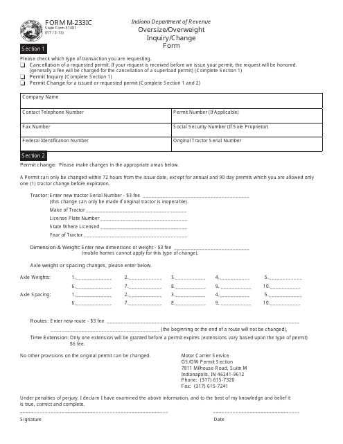 State Form 51481 (M-233IC) Oversize/Overweight Inquiry/Change Form - Indiana