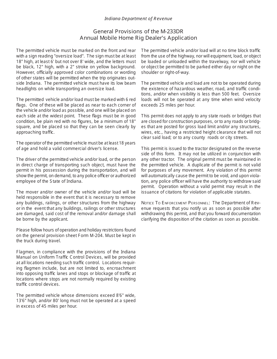 State Form 49061 (M-233DR) Annual Mobile Home Rig Dealers Permit Application - Indiana, Page 2