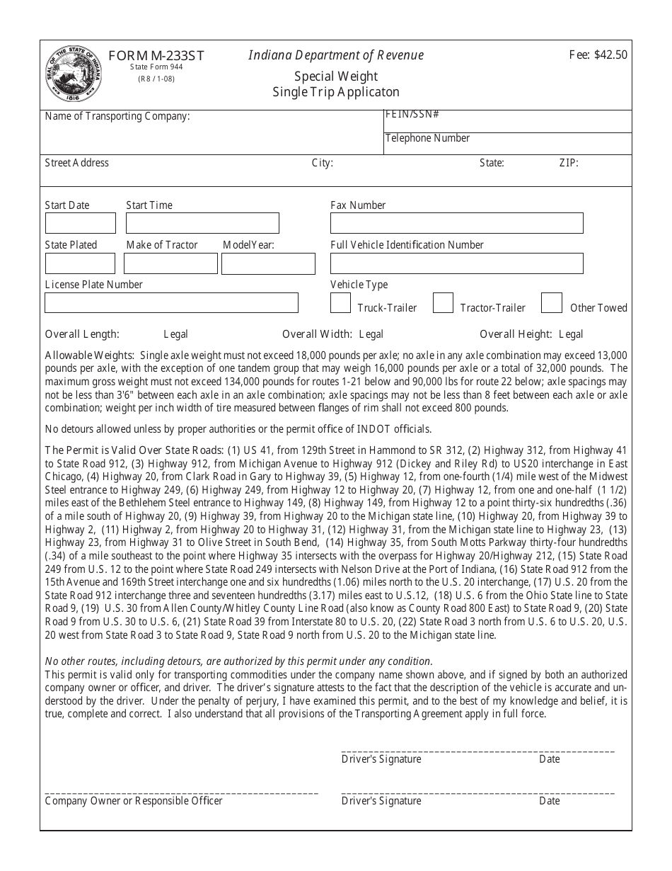 State Form 944 (M-233ST) Special Weight Single Trip Applicaton - Indiana, Page 1