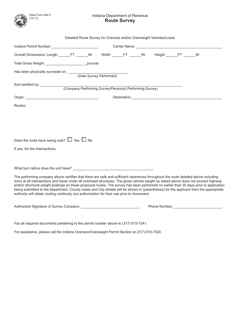 State Form 56411 Route Survey - Indiana, Page 1