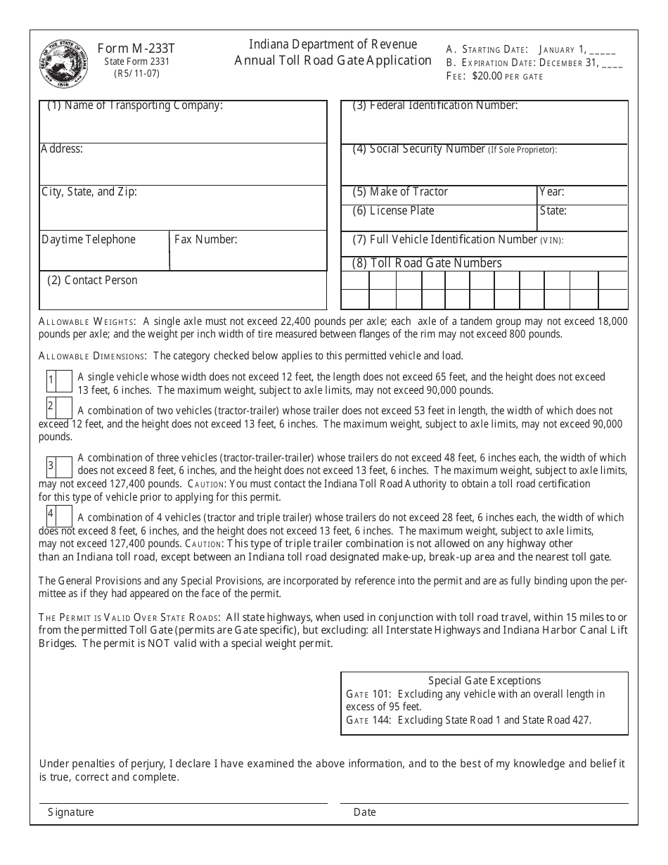 State Form 2331 (M-233T) Annual Toll Road Gate Application - Indiana, Page 1