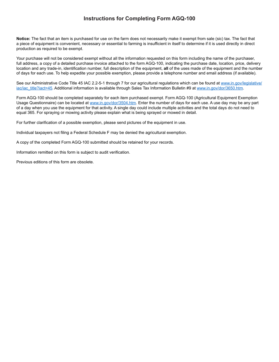 State Form 52108 (AGQ-100) Agricultural Equipment Exemption Usage Questionnaire - Indiana, Page 2