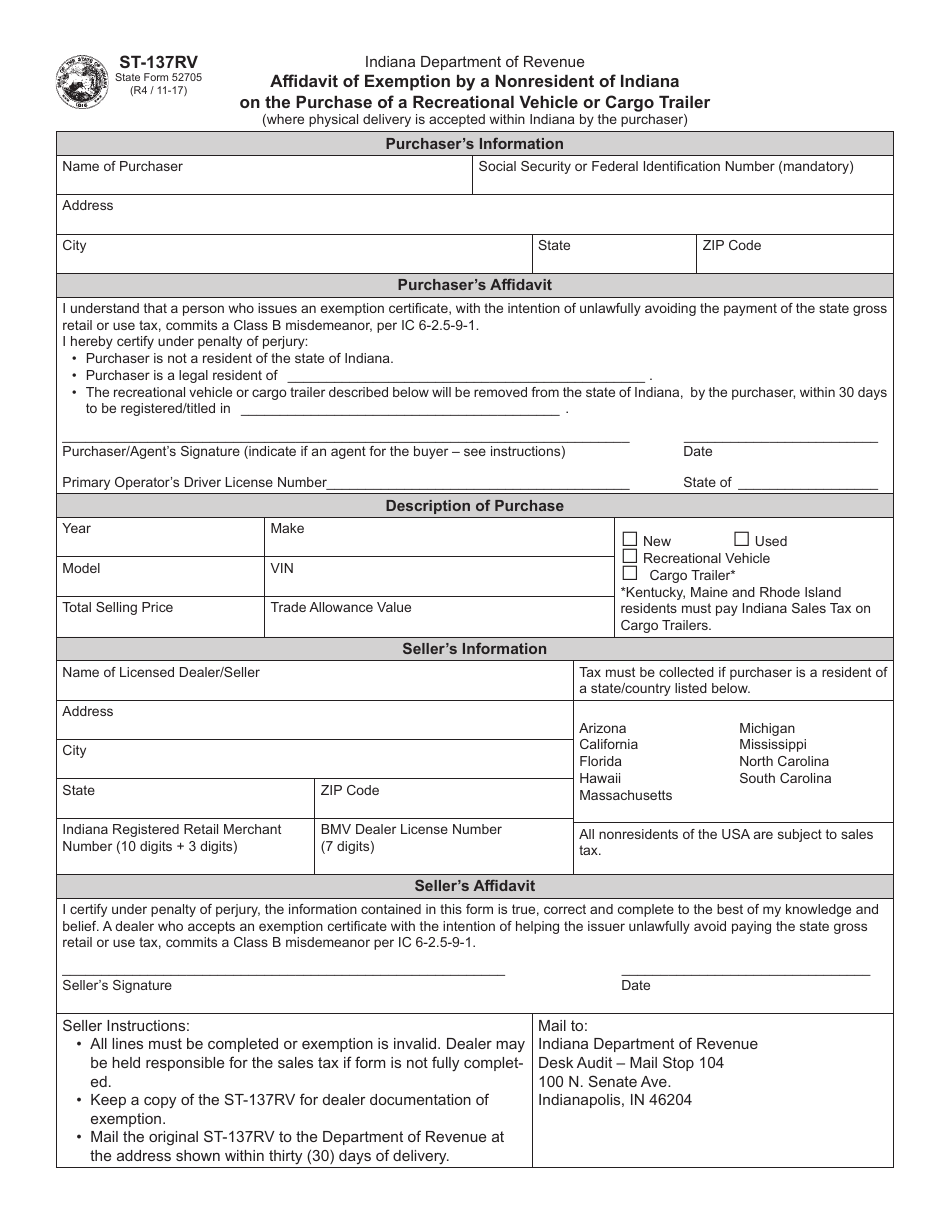 State Form 52705 (ST-137RV) Affidavit of Exemption by a Nonresident of Indiana on the Purchase of a Recreational Vehicle or Cargo Trailer - Indiana, Page 1