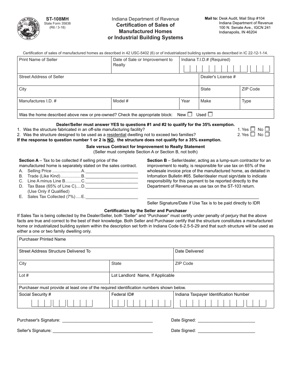 State Form 35838 (ST-108MH) Certification of Sales of Manufactured Homes or Industrial Building Systems - Indiana, Page 1