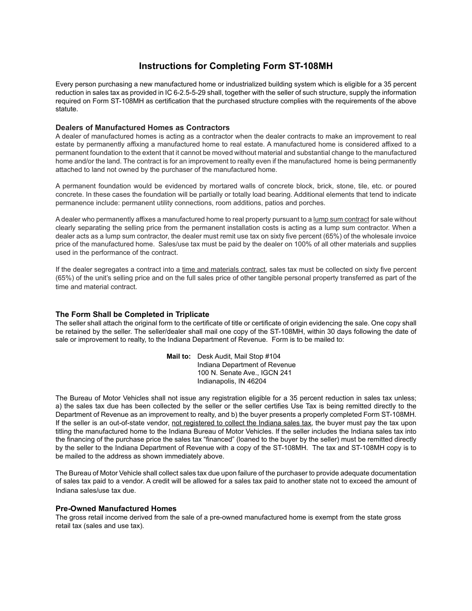State Form 35838 (ST-108MH) Certification of Sales of Manufactured Homes or Industrial Building Systems - Indiana, Page 2
