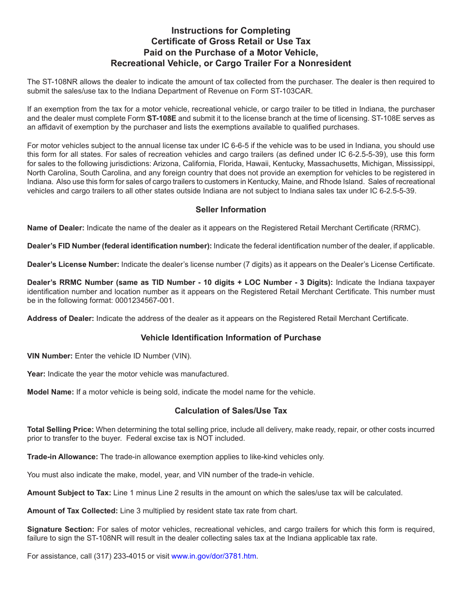 State Form 52873 (ST-108NR) Certificate of Gross Retail or Use Tax Paid on the Purchase of a Motor Vehicle, Recreational Vehicle, or Cargo Trailer for a Nonresident - Indiana, Page 2