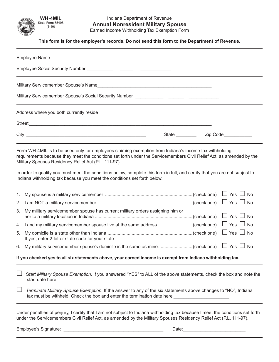 State Form 55496 (WH-4MIL) Annual Nonresident Military Spouse Earned Income Withholding Tax Exemption Form - Indiana, Page 1