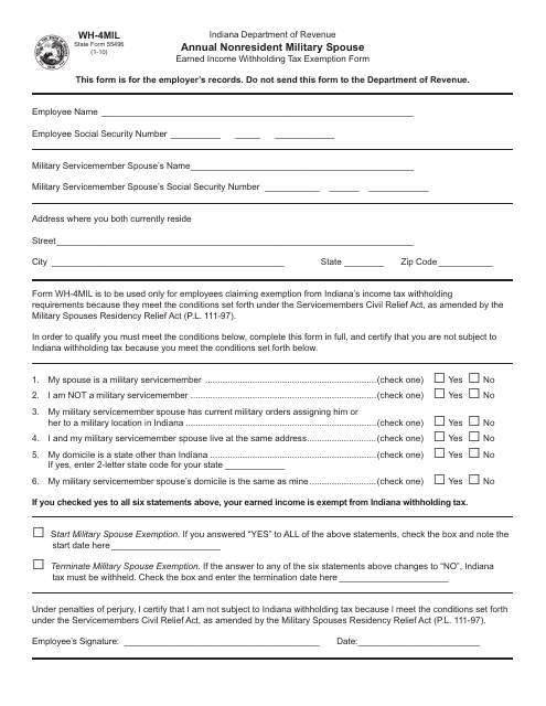 State Form 55496 (WH-4MIL) Annual Nonresident Military Spouse Earned Income Withholding Tax Exemption Form - Indiana