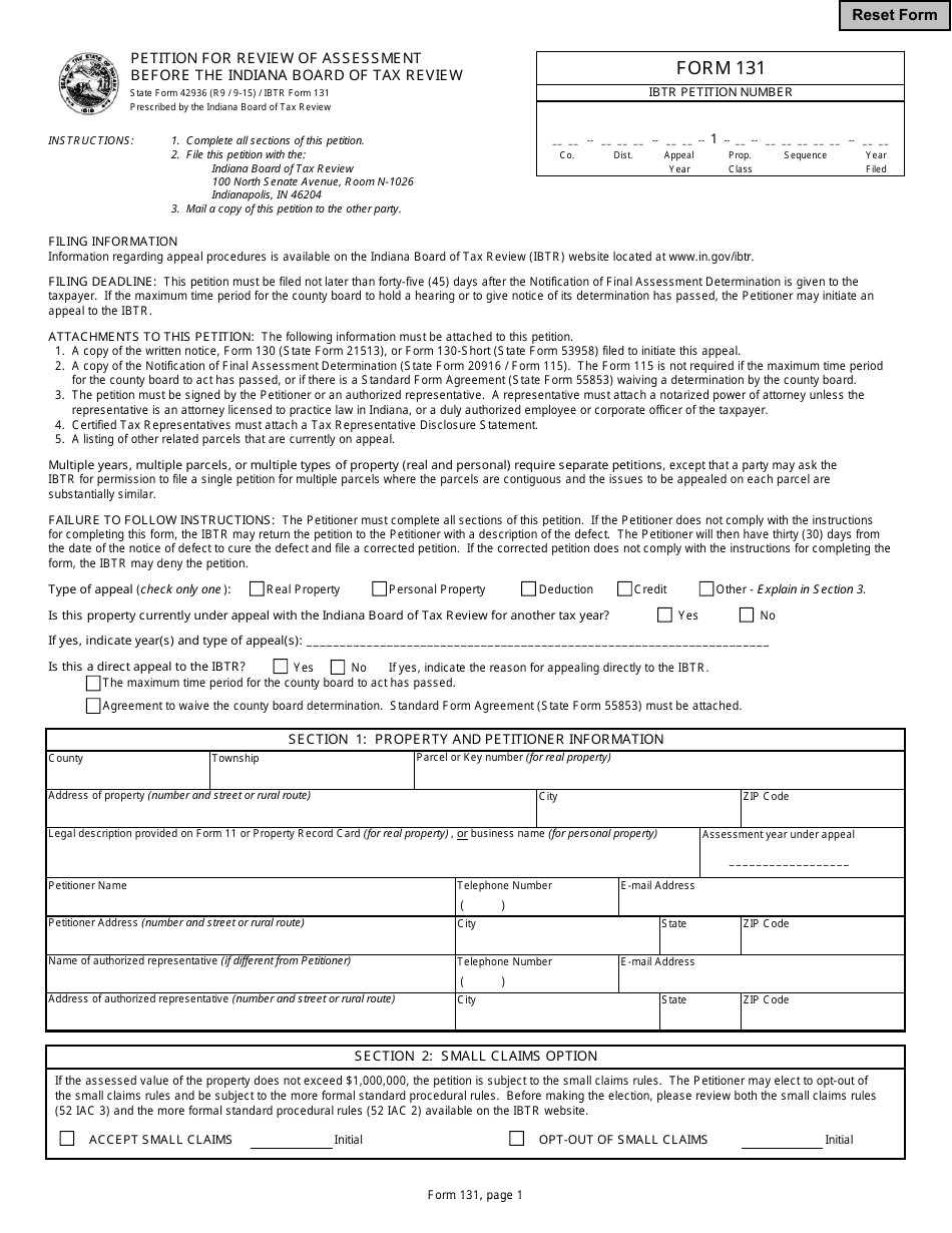 State Form 42936 (131) Petition for Review of Assessment Before the Indiana Board of Tax Review - Indiana, Page 1