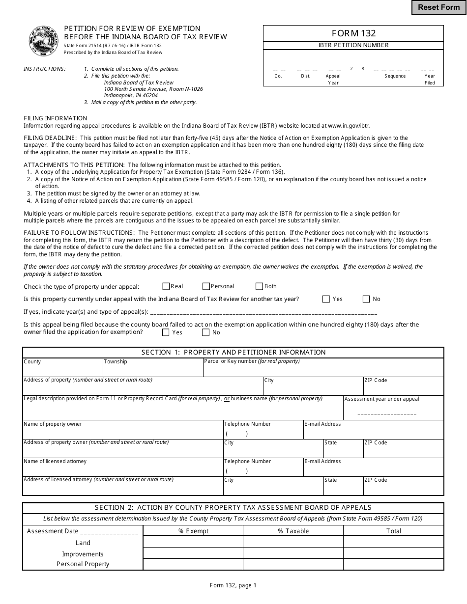 State Form 21514 (132) Petition for Review of Exemption Before the Indiana Board of Tax Review - Indiana, Page 1