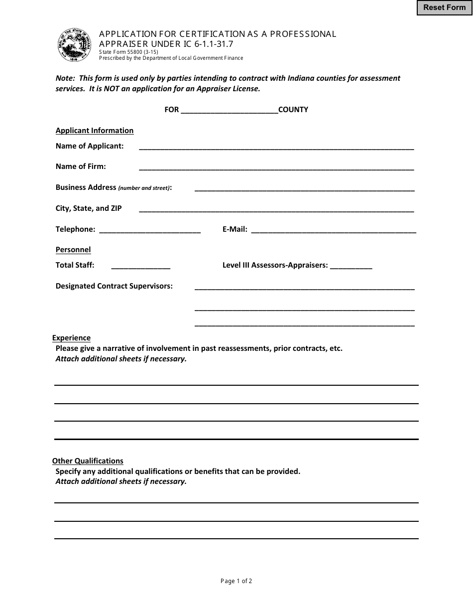 State Form 55800 Application for Certification as a Professional Appraiser Under Ic 6-1.1-31.7 - Indiana, Page 1
