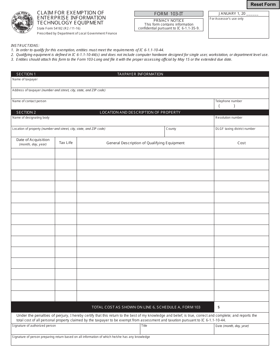 State Form 54182 103 IT Fill Out Sign Online And Download Fillable 