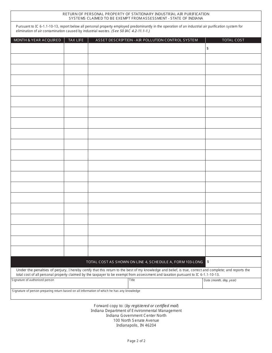 State Form 24056 (103-P) Claim for Exemption of Air or Water Pollution Control Facilities - Indiana, Page 2