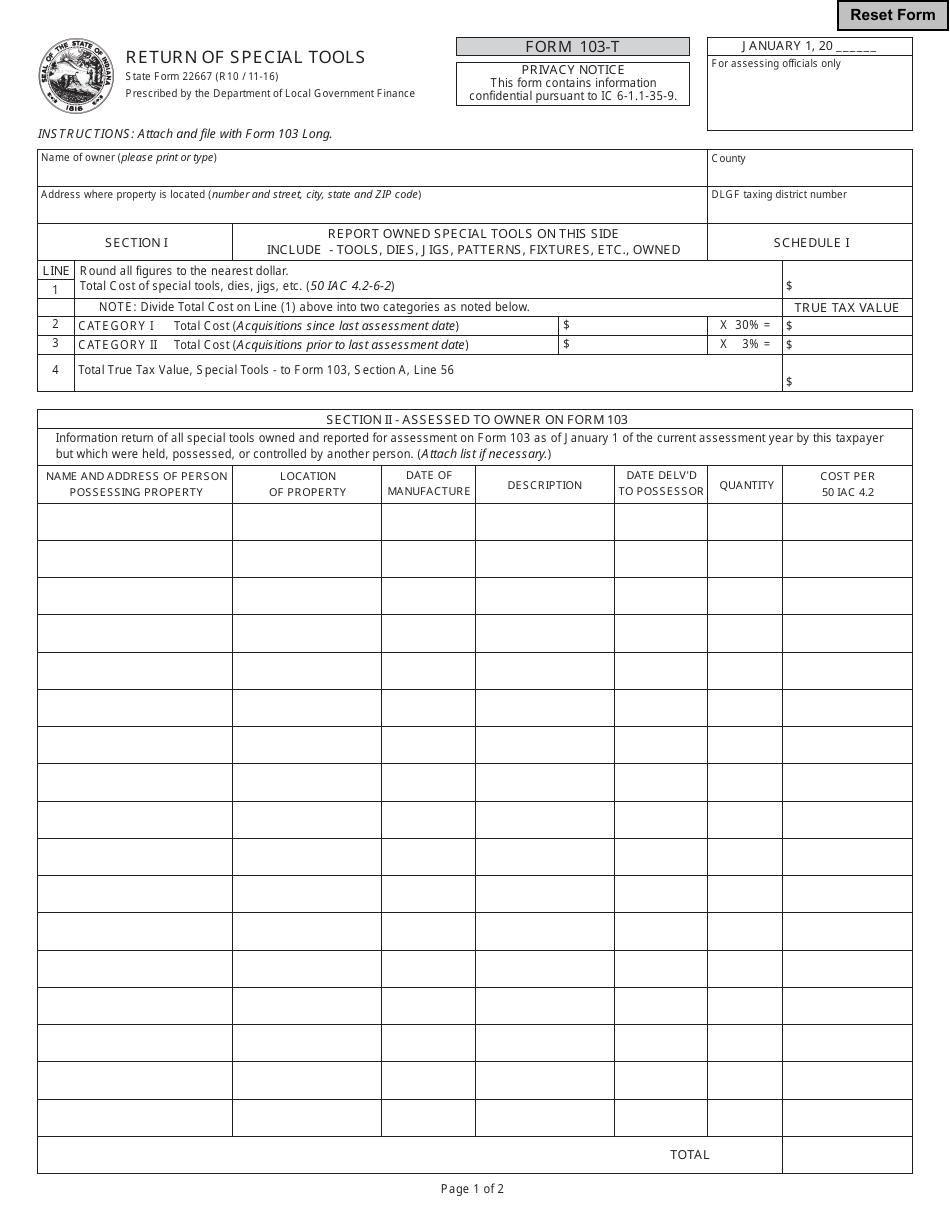 State Form 22667 (103-T) Return of Special Tools - Indiana, Page 1