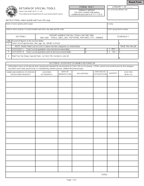 State Form 22667 (103-T) Return of Special Tools - Indiana