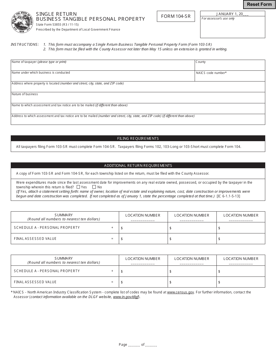 State Form 53855 (104-SR) Single Return Business Tangible Personal Property - Indiana, Page 1