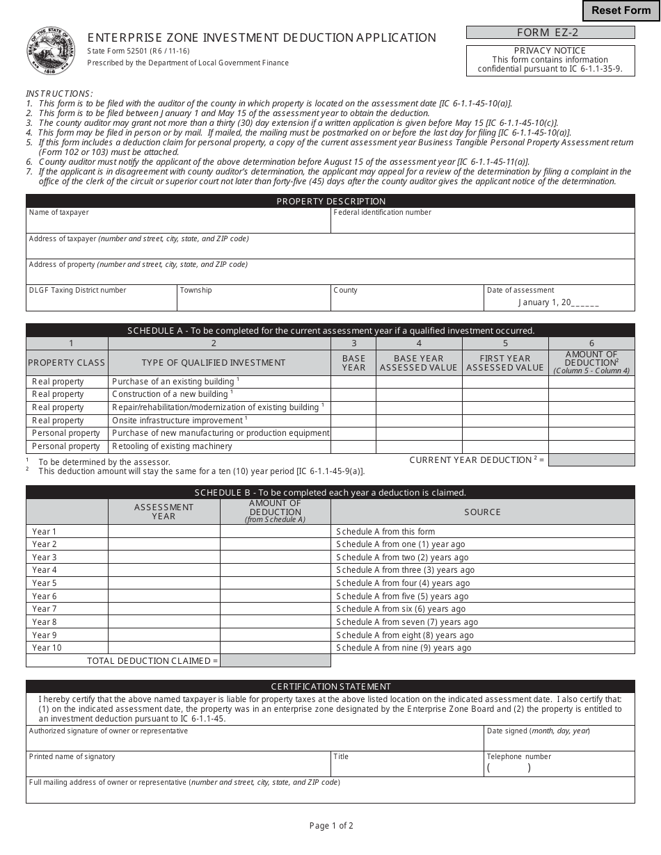 State Form 52501 (EZ-2) Enterprise Zone Investment Deduction Application - Indiana, Page 1