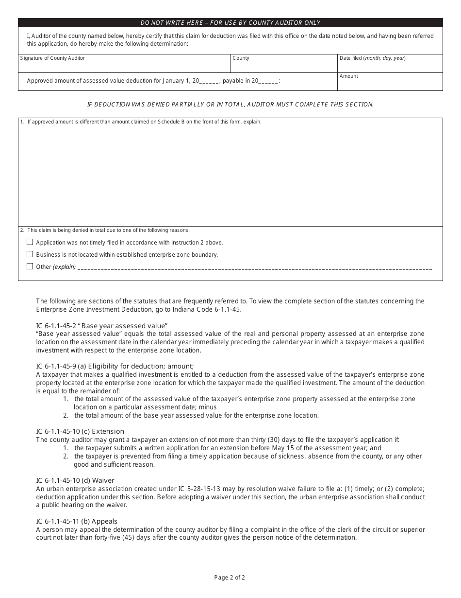 State Form 52501 (EZ-2) Enterprise Zone Investment Deduction Application - Indiana, Page 2