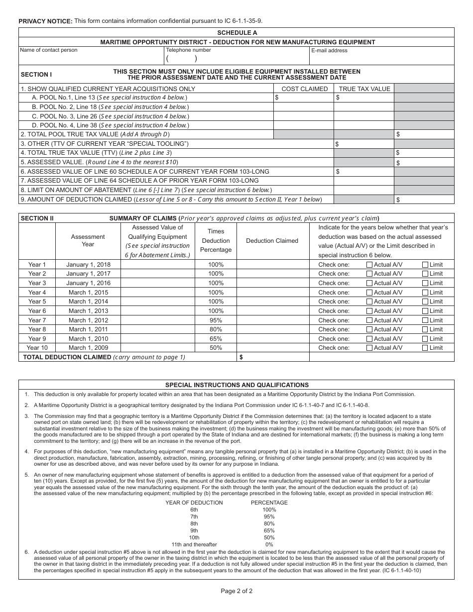 State Form 42963 (MOD-1) Application for Deduction From Assessed Valuation - Maritime Opportunity District - Indiana, Page 2