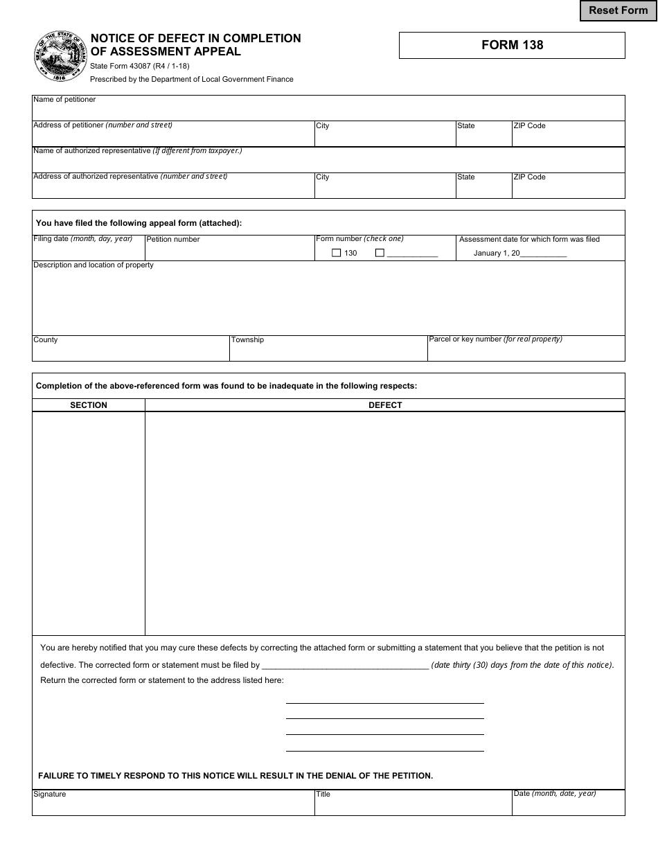 State Form 43087 (138) Notice of Defect in Completion of Assessment Appeal - Indiana, Page 1