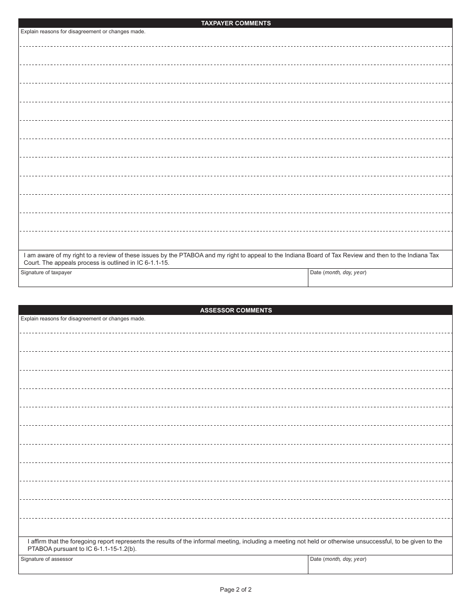 State Form 53626 (134) Joint Report by Taxpayer / Assessor to the County Board of Appeals of a Preliminary Informal Meeting - Indiana, Page 2