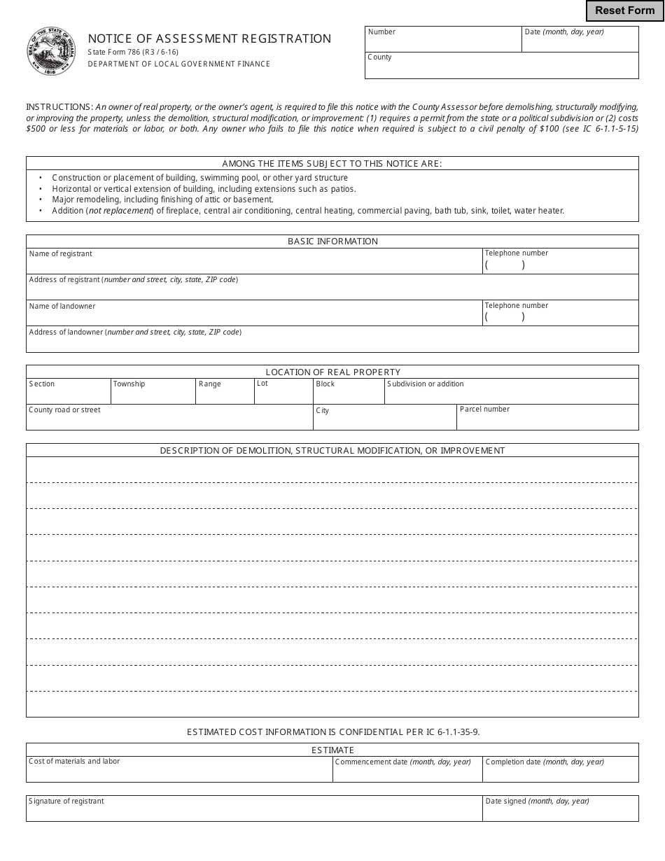 State Form 786 Notice of Assessment Registration - Indiana, Page 1