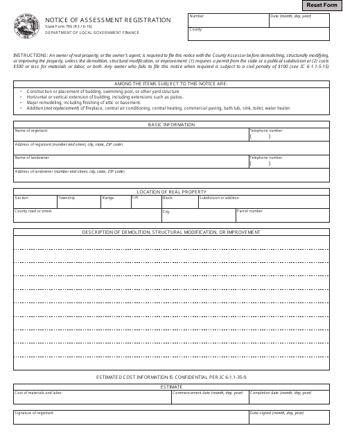State Form 786 Notice of Assessment Registration - Indiana