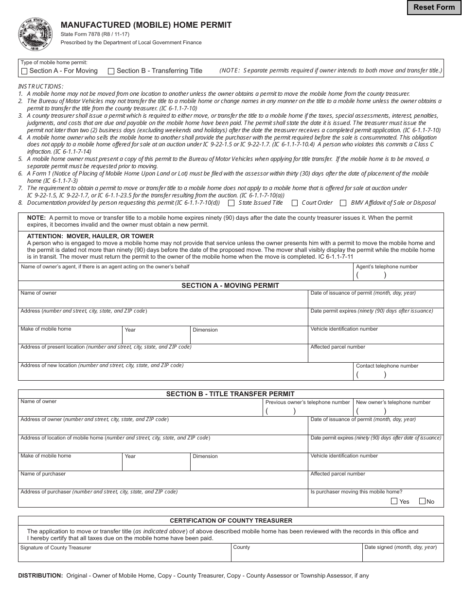 State Form 7878 Manufactured (Mobile) Home Permit - Indiana, Page 1